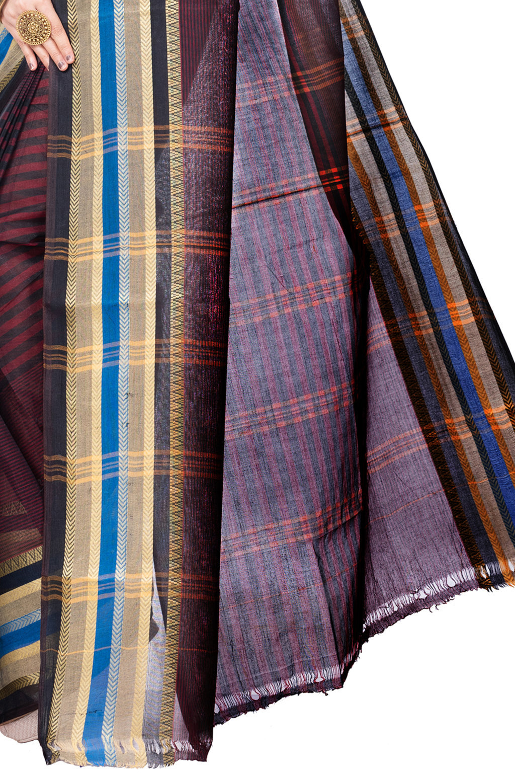 Brown Pure Cotton Khajur_Churi_Strip Tant Saree (657)